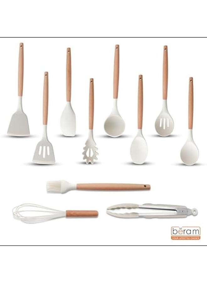 Beram 19 Piece Kitchen Utensil Set Heat Resistant Silicone with Wooden Handles Non Stick Cooking Tools Beige - Image 3